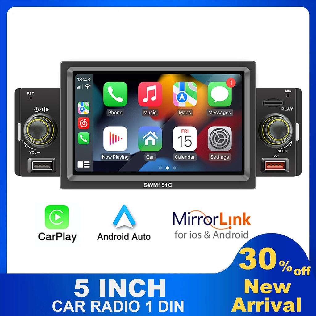 1 DIN 5 pulgadas pantalla táctil Bluetooth receptor de medios estéreo para  coche Apple CarPlayer Android Auto Radio coche con soporte manos libres FM