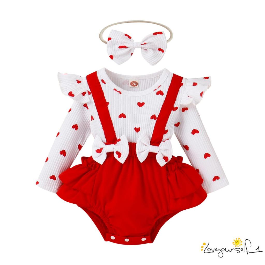 B930GValentine's Day Romper Niñas Con Estampado De Corazón Manga Larga