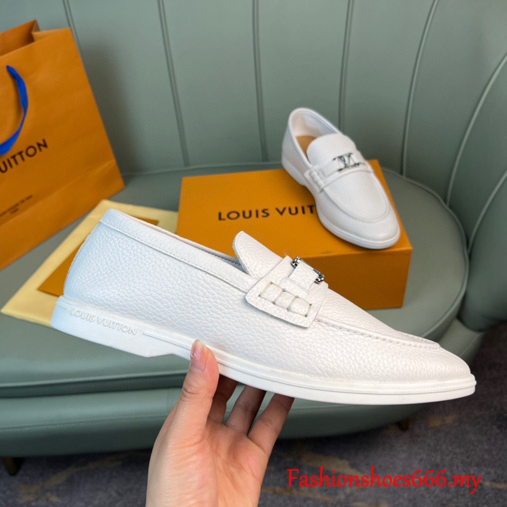 100 % Original Moda Nuevo Louis Vuitton LV Estate Mocasín Granulado  Pantorrilla Cuero Iniciales Hombres s Zapatos Casuales Whi