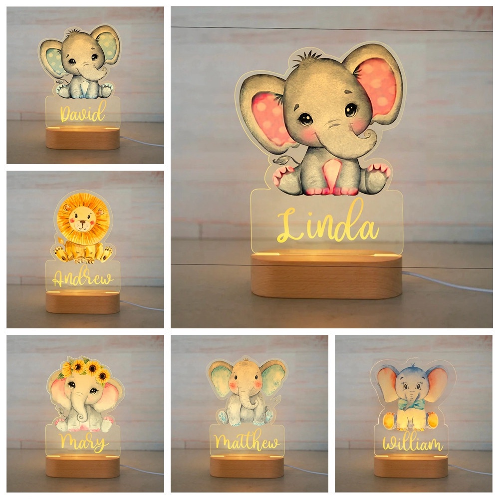 Lámpara De Noche Personalizada Para Bebé Elefante León LED USB
