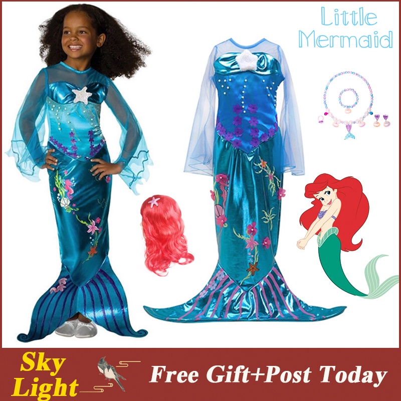 Disney-vestido de la Sirenita Ariel para niñas, disfraz de tul de manga  corta, ropa de fiesta de cumpleaños y Carnaval