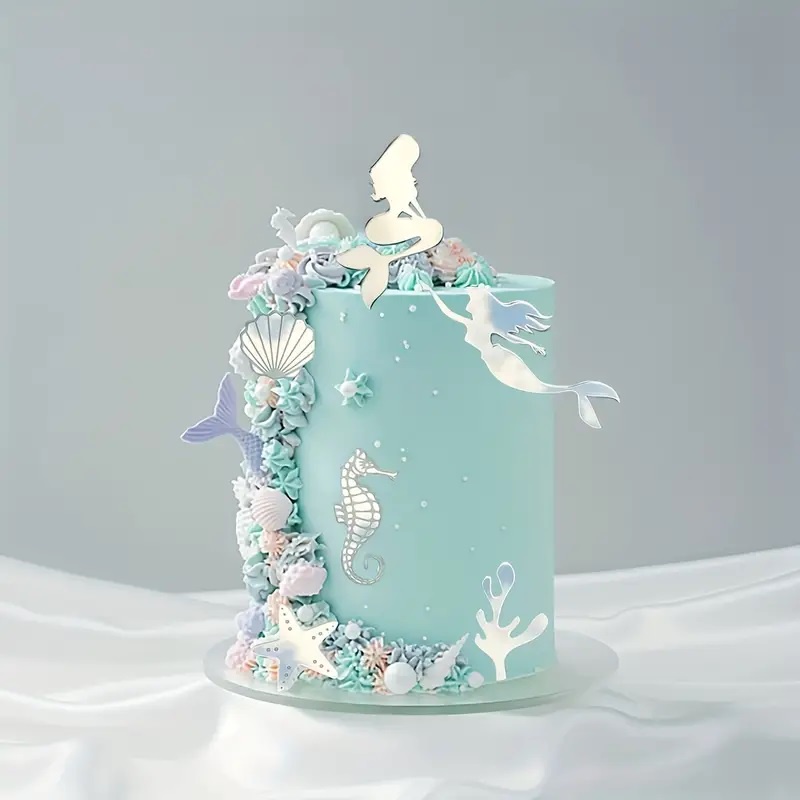6PCS Acrílico Plata Cumpleaños Sirena Cake Topper Feliz Decoración De La  Torta Herramientas De Suministros Fiesta