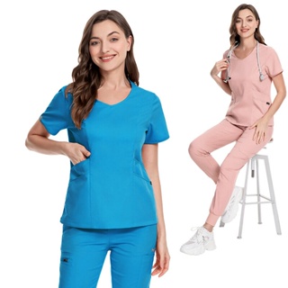 Camiseta de uniforme médico para mujer, color sólido, blusa de manga corta,  cuello en V, bolsillo, ropa de trabajo