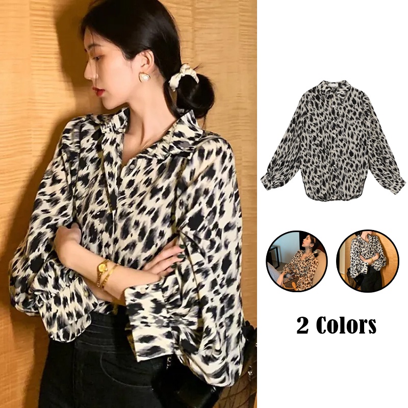 Leopardo Impresión De Gasa Blusa De Las Mujeres Más Tamaño Estilo Coreano  Ironless Vintage Linterna De Manga Larga Suelta Casual Señoras Camisa Negro