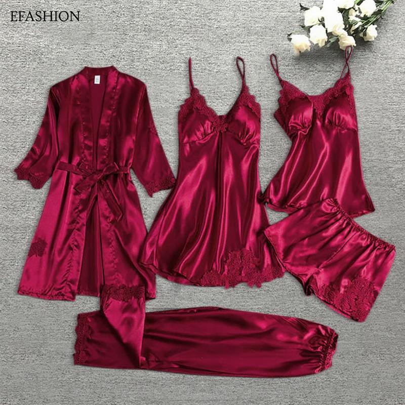 Ropa de dormir para mujer Seda Sexy Satin Pajama conjunto encaje V