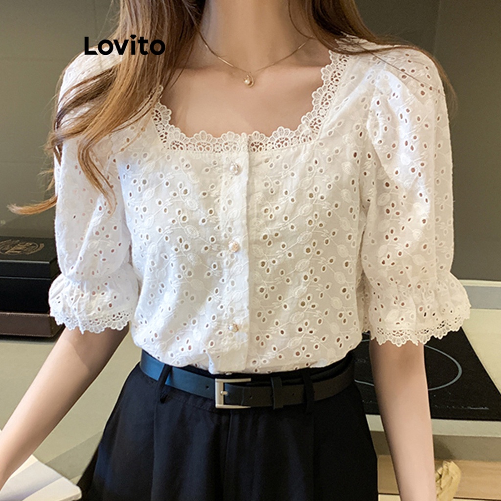 Lovito Blusas De Encaje En Contraste Con Hebilla De Perla Bordada Con Ojales Lisos Informales Para Mujer LNE16069 Blanco Shopee Colombia