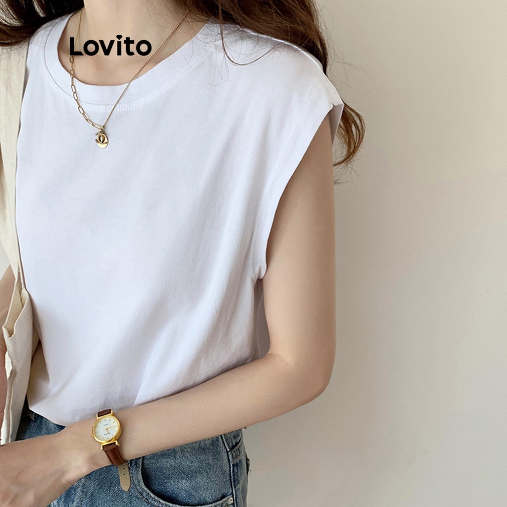 Lovito Camiseta B Sica Casual Lisa Para Mujer Lne Blanco