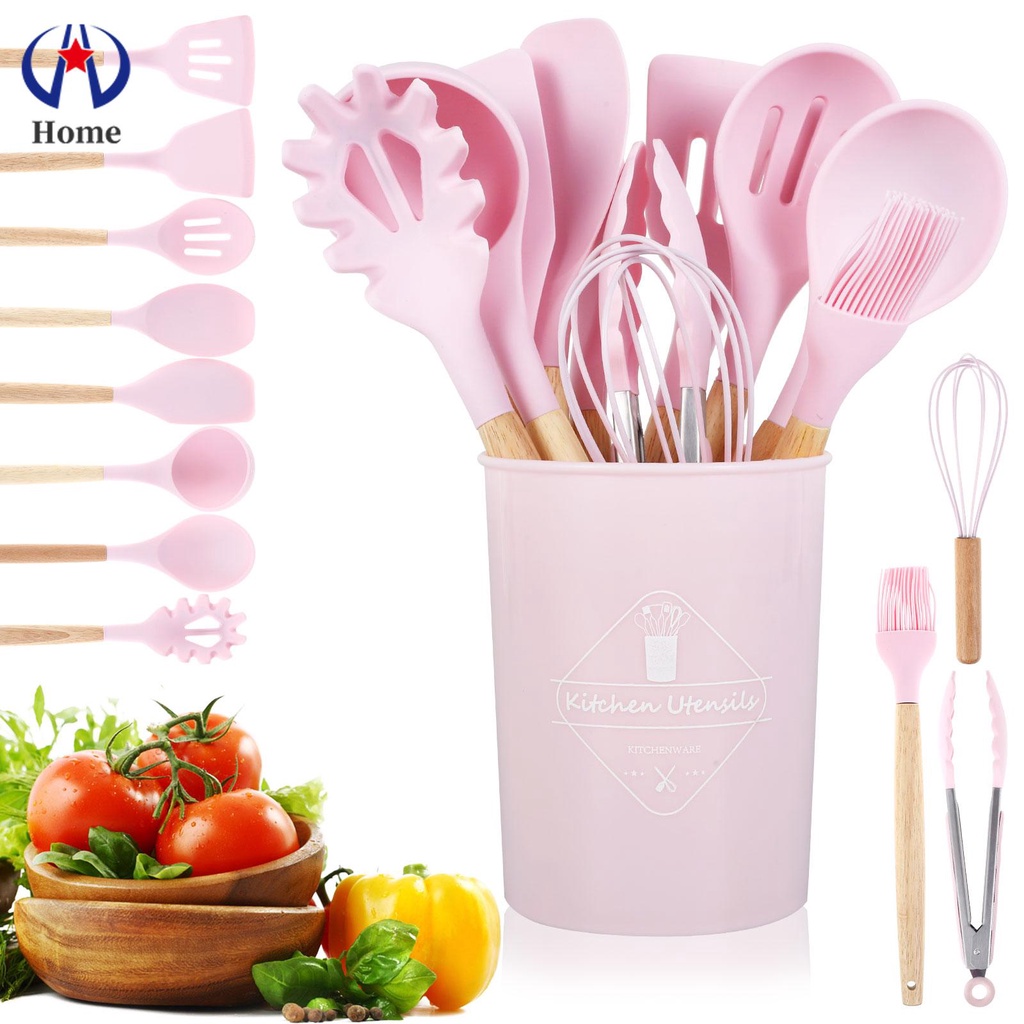 Juego de 12 Utensilios de Cocina Kitchenware Rosa y Madera Silicona BPA  para alimentos Kitchenware S-001