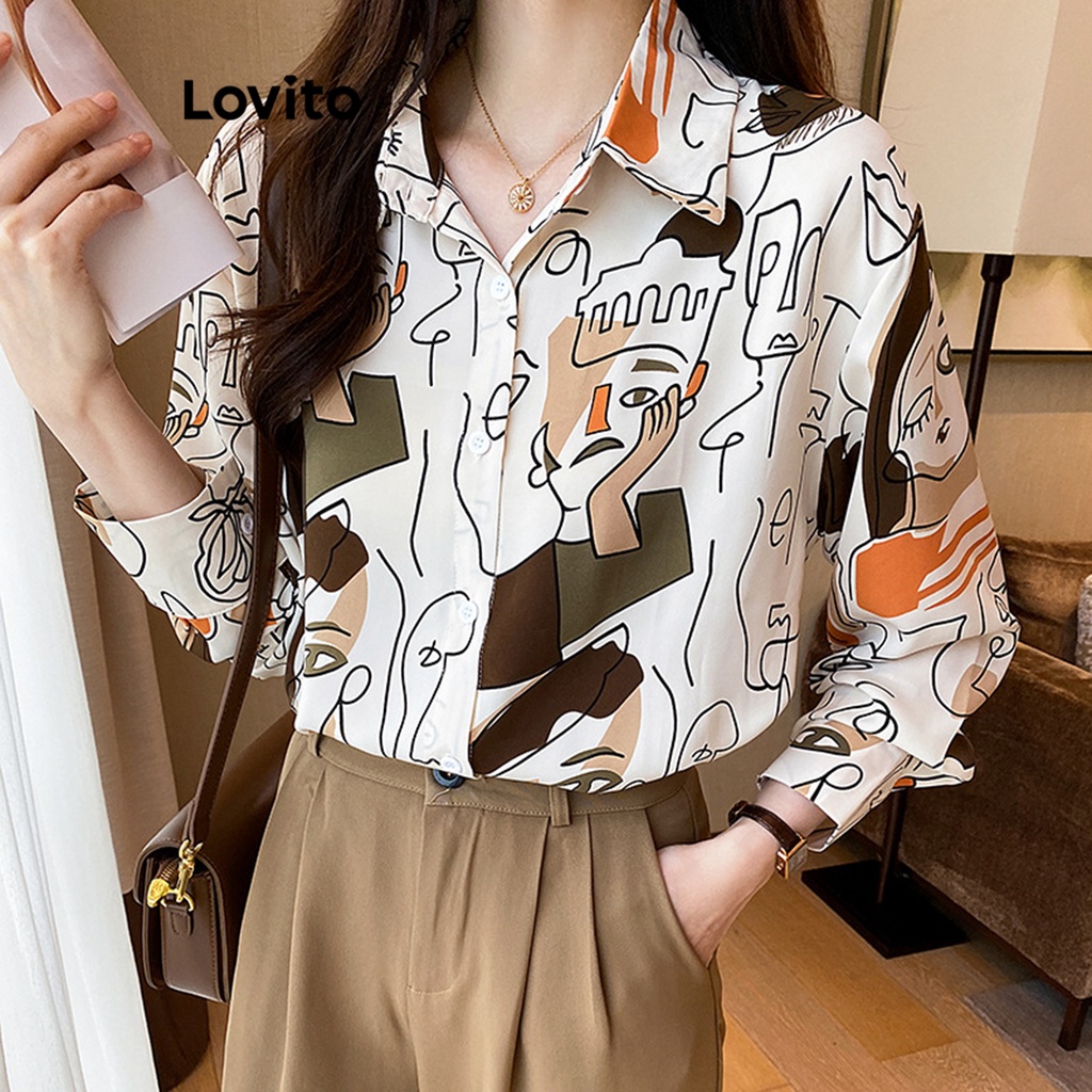 Lovito Blusa Informal Con Botones Y Estampado De Figuras Para Mujer Lna19149 Blanco Shopee 5704