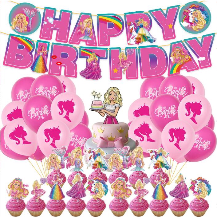 Suministros De Fiesta De Cumpleaños Rosa barbie Decoración Temática Con  Feliz Banner Globos Tartas De 12 Pulgadas Para Fans De Princesa