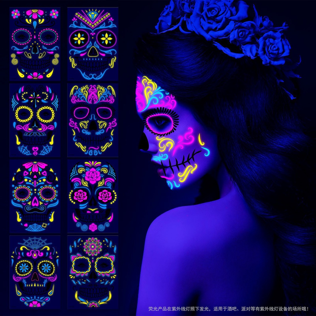 Pegatinas De Tatuaje De Cara Fluorescente, Decoración De Halloween