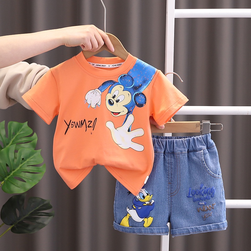 2023 Verano Niños Ropa Moda Dibujos Animados Pato Camiseta + Jeans Conjuntos  De Algodón De Manga Corta Pantalones Cortos De Mezclilla Chándales