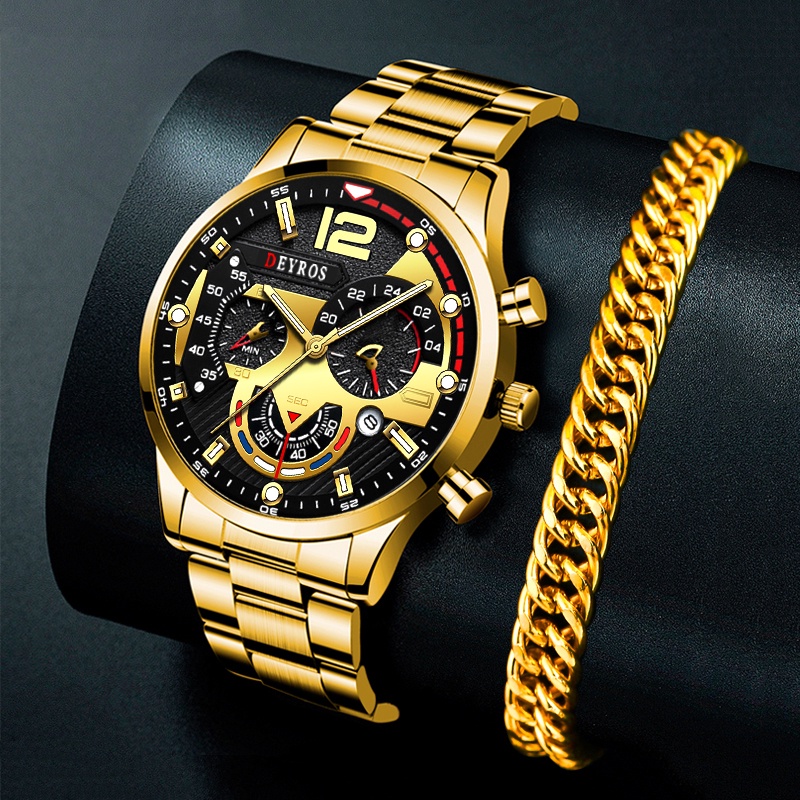 Comprar Relojes de pulsera de acero inoxidable para hombre a la moda,  conjunto de relojes de pulsera de cuarzo con calendario, reloj informal de  negocios para hombre, reloj Masculino