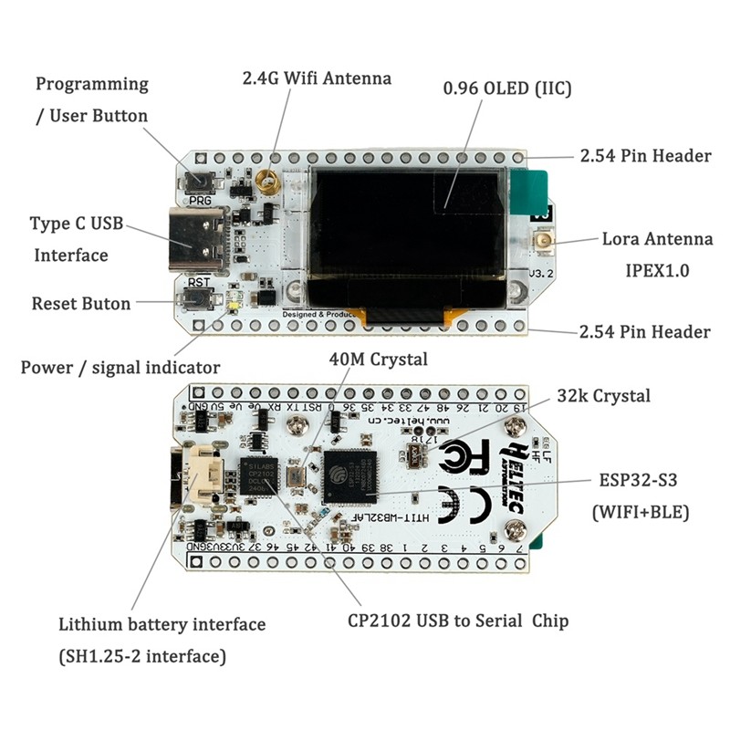 Carte Heltec LoRa32 V3 – Module Meshtastic, écran 0,96", Fréquences 863-928MHz, SX1262