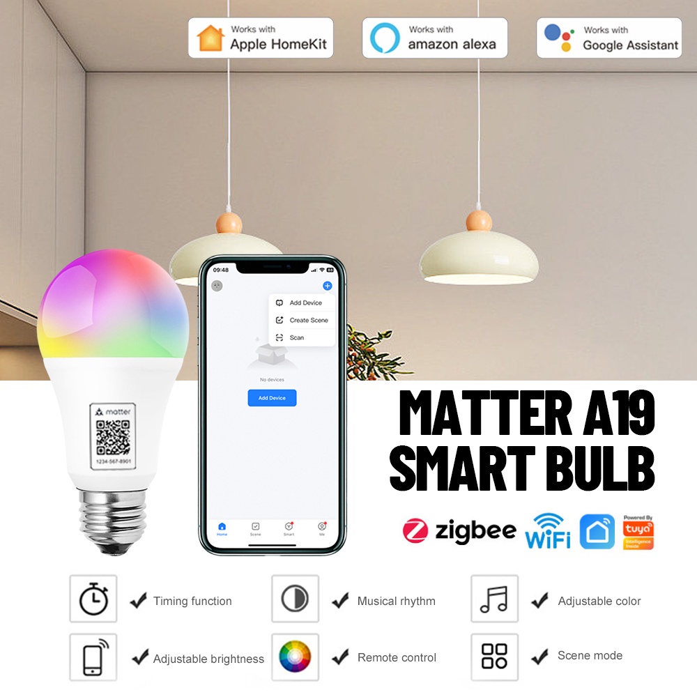 WiFI Matter Homekit A19 Luz LED Inteligente Bombilla Dimmabl Control De Voz  Soporte Google Home Alexa Asistente Casa