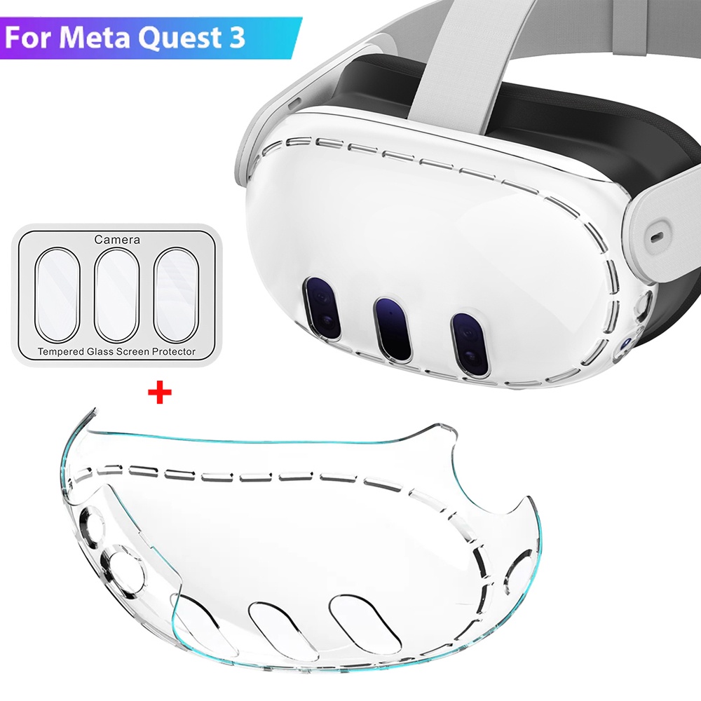 Funda Transparente Para Los Auriculares De Juego Meta Quest 3 VR Cubierta  Protectora De PC Con Protector De Lente De Cámara De 3 Piezas De Vidrio  Templado