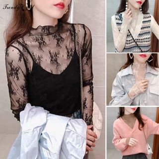 Camisa de manga larga para mujer, blusas de algodón sólido a la moda,  camisetas de manga de encaje sexy y cómodo suéter de cuello alto