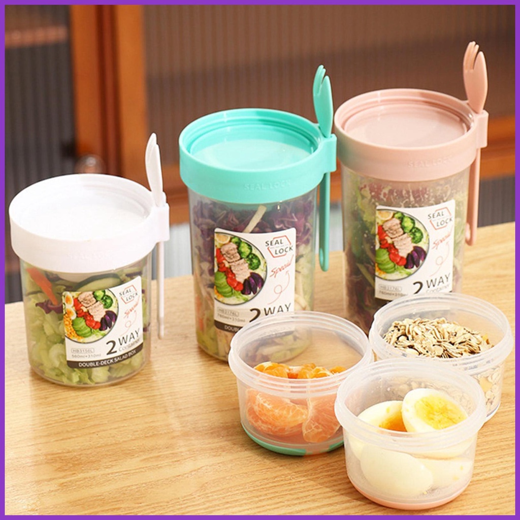 VASO CONTENEDOR DOBLE CON DIVISIÓN 1070 Ml $10.000 Vaso De Ensalada Portátil Con Doble Capa Y Cubiertos - Ideal Para Desayunos Saludables" Descripción: Este Vaso De Ensalada Portátil Es Perfecto Para Llevar