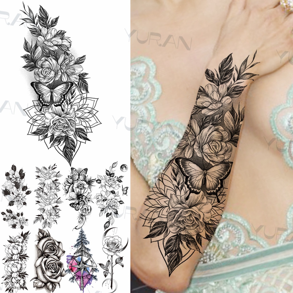 4 Uds. Pegatinas De Tatuaje Temporal De Flores De Tinta Negra, Tatuaje  Falso Para Brazo/pierna/cintura, Moda de Mujer