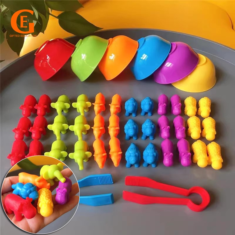 Juego De 46 Piezas Montessori De Animales Para Contar Y Clasificar Con Pinzas Y Dados - Juguete Educativo De Colores Para Niños De 3 A 6 Años. Incluye 6 Animales Y Cuenco