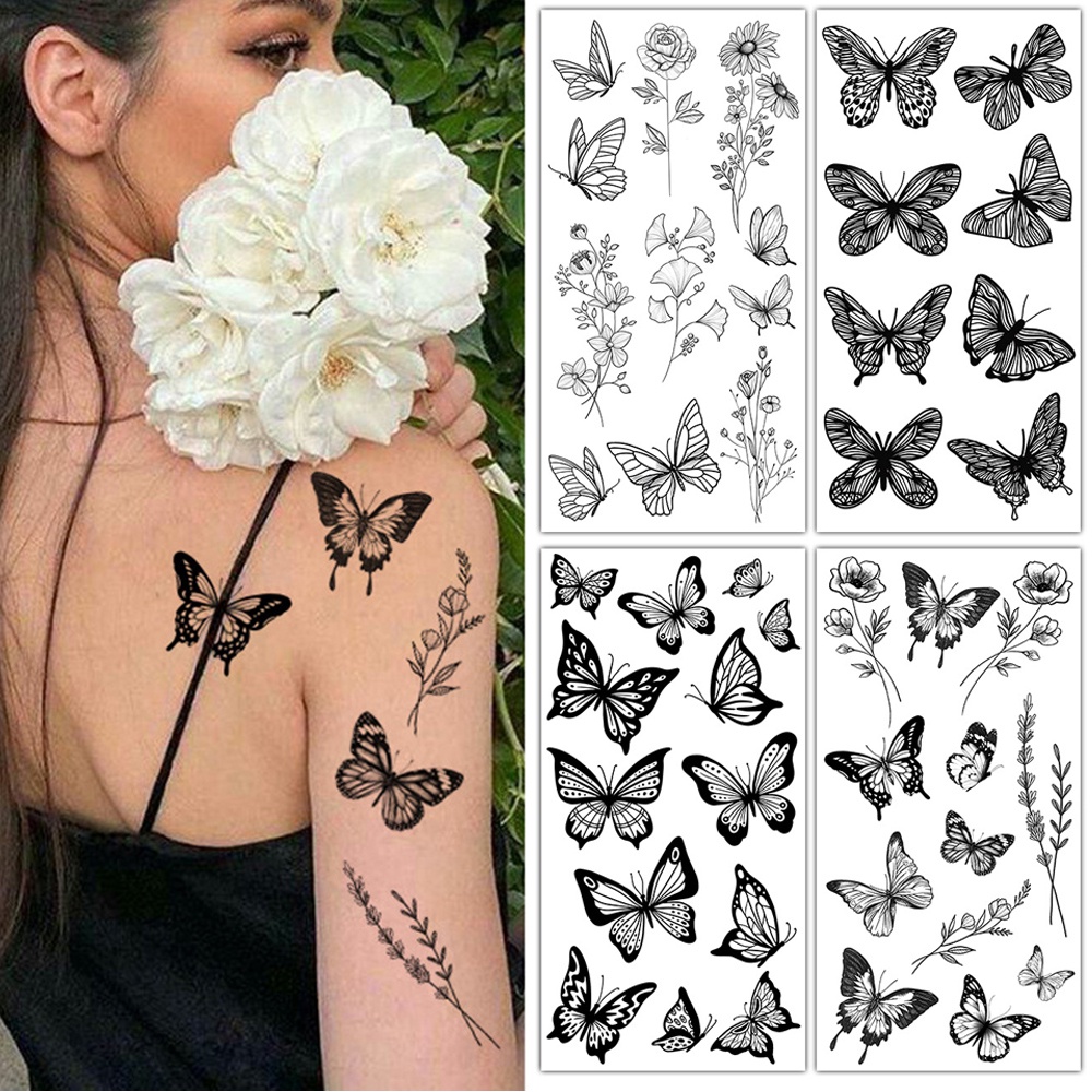 Flor Negra Mariposa Tatuajes Temporales Para Mujeres Hombres Planta Salvaje  Tatuaje Falso Pegatina Adultos Cara Manos Arte Corporal Tatoo | Shopee  Colombia