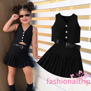 Conjunto Casual De 2 Piezas Para Niña, Top De Manga Larga Acanalado Y Falda  De Pana Con Cinturón, Atuendos Con Decoración De Botones, Ropa Para Niños