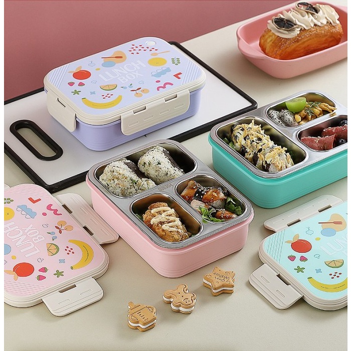 Caja Bento de acero inoxidable de unicornio con tarro de alimentos,  aislamiento térmico, 4 compartimentos para almacenamiento de alimentos,  juego de