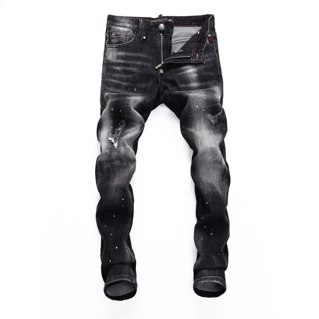 Hombres Negro Gris Philipp Plein Jeans Casual Rasgado Pantalones Slim Fit Shopee Colombia