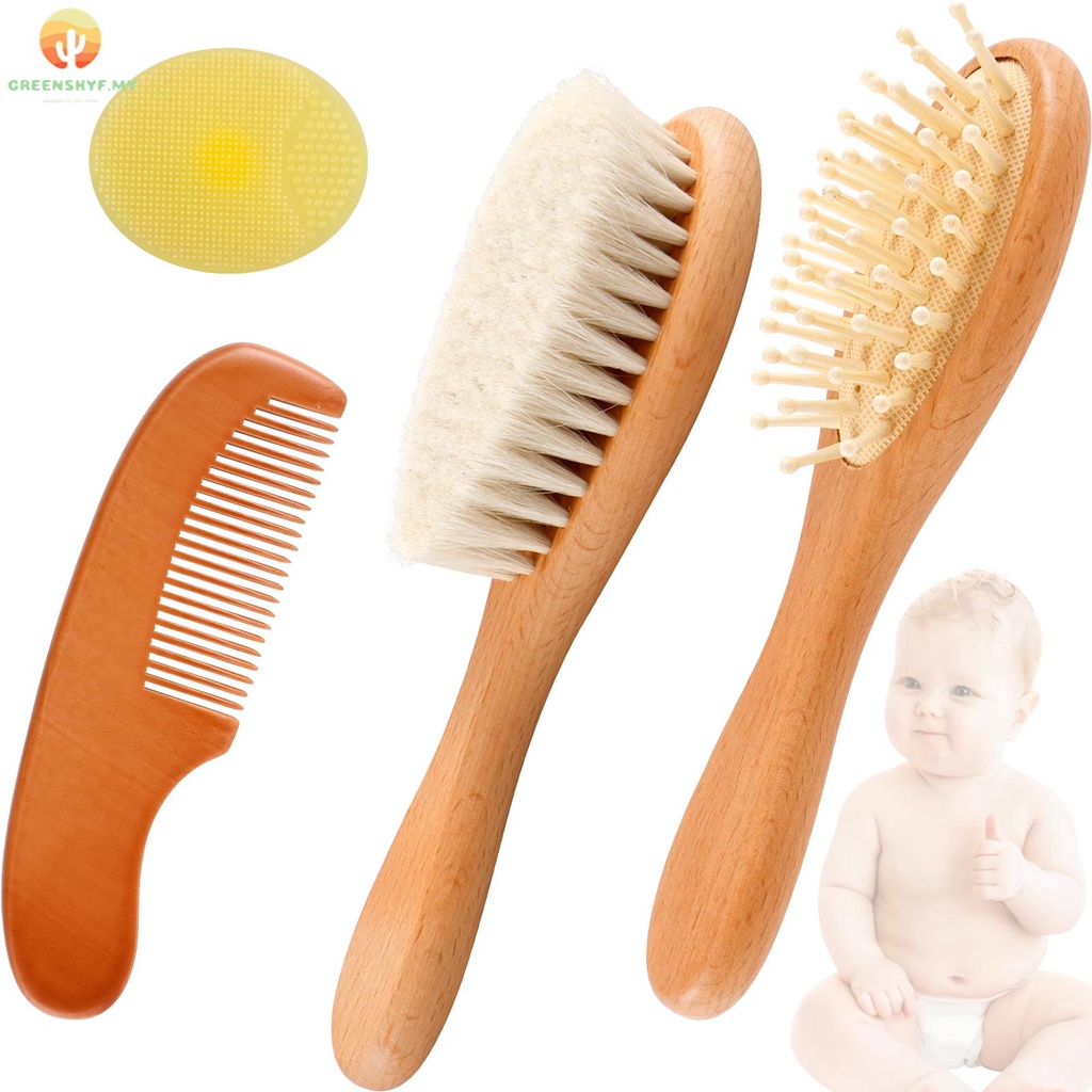 Juego de cepillo de pelo para bebé y peine para bebé, de madera natural,  con cerdas suaves de cabra, cepillo suave para bebés y niños pequeños,  juego de cepillo para el pelo (