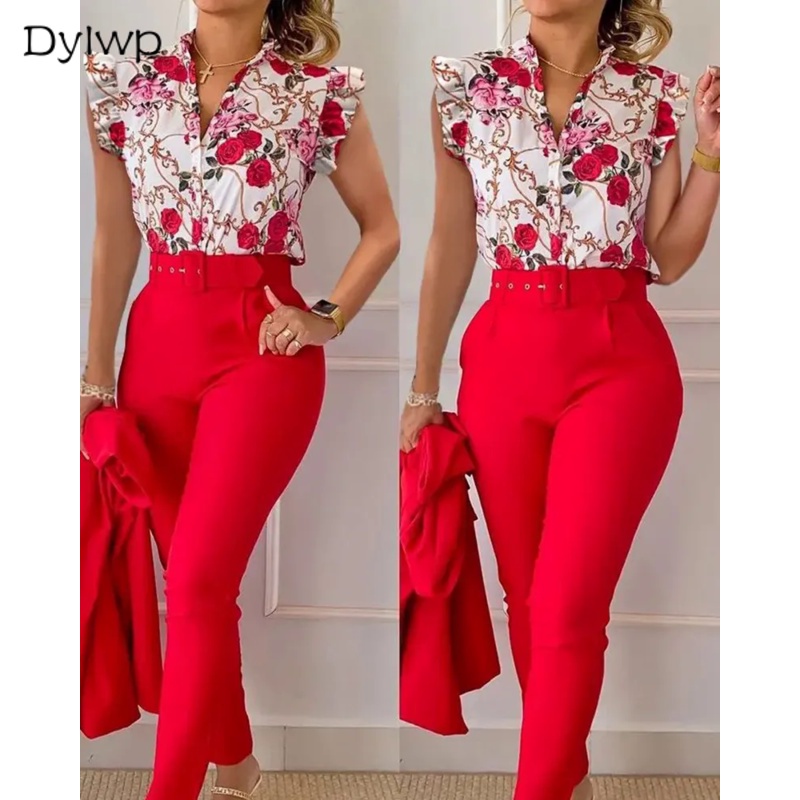 Conjunto De Mujeres Pantalones De Camisa Sin Mangas Y Cintura Alta Moda De Verano Impresion 2 Piezas Shopee Colombia