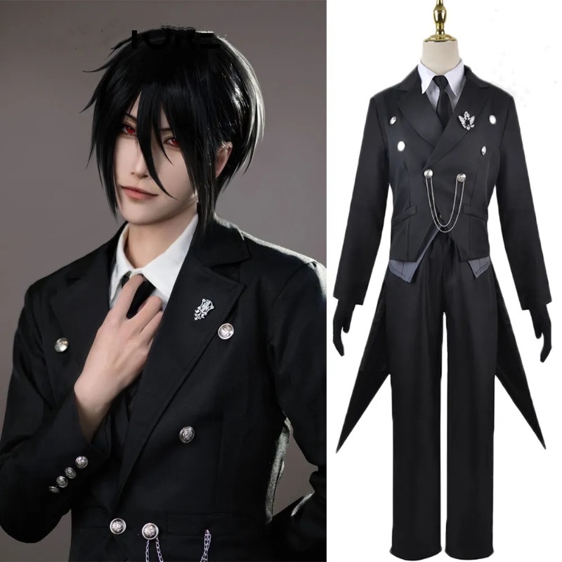 Negro Mayordomo Cosplay Anime Japonés Kuroshitsuji Sebastian Michaelis  Traje Unisex Uniformes Pieza Con Pegatina De Tatuaje
