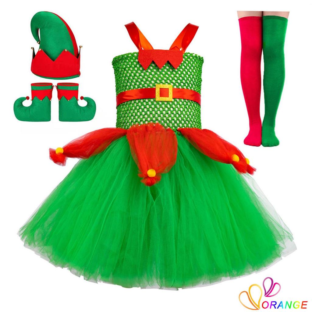 ORD7-Kids Niñas Navidad Elf Disfraces Rojo Verde Tul Tutu Vestido Sombrero  Botas Medias Set Fiesta Cosplay Disfraz Para