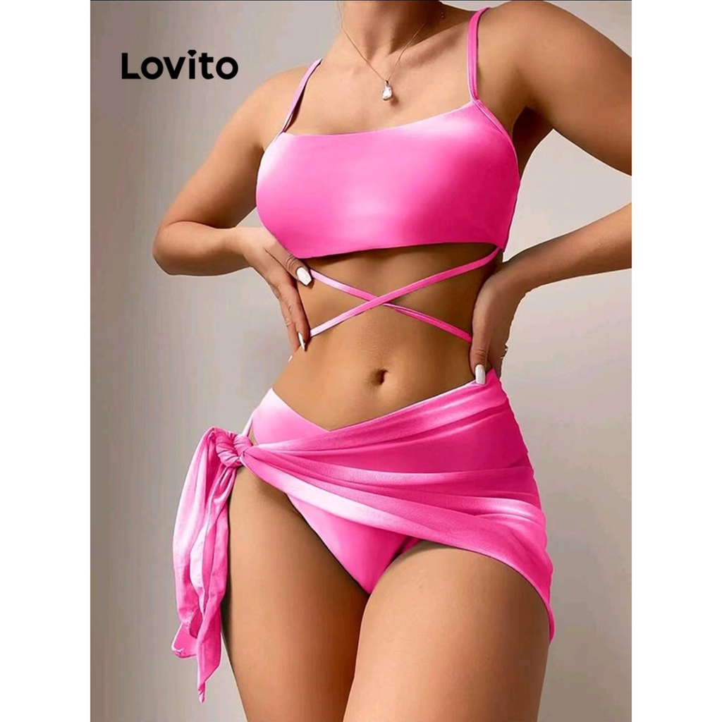 Lovito Conjuntos De Bikini Sexy Con Cordones Y Teñido Anudado Para Mujer Lnl37055 Naranja Rosa