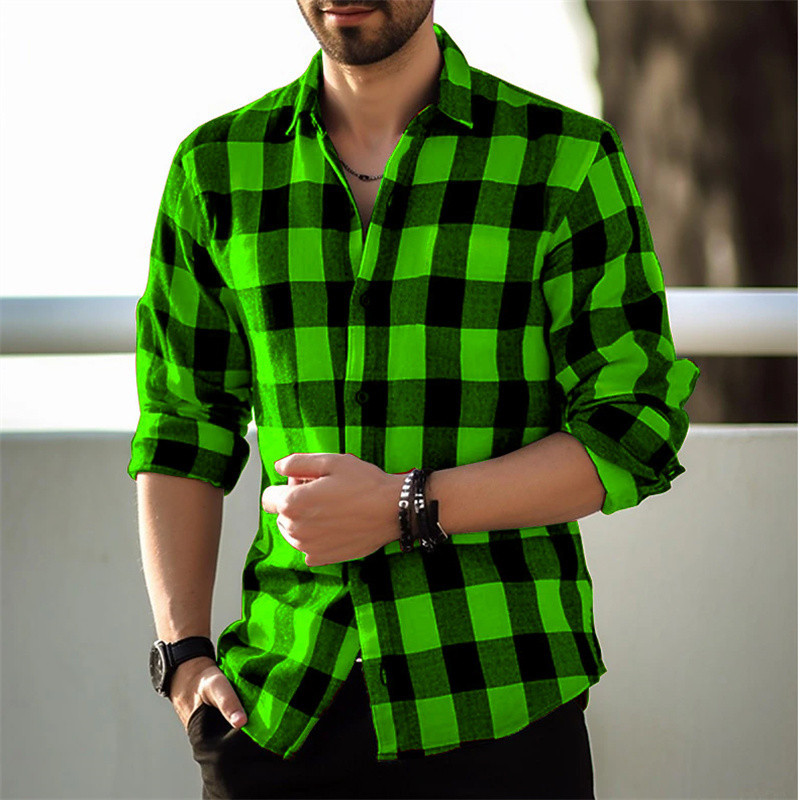 Camisa Verde Estampada A Cuadros Para Hombres Moda De Manga Larga Con Solapa Y Boton Calle Suelta Casual Transpirable 9 Colores Shopee Colombia