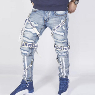 Pantalones vaqueros rasgados para Hombre, Shorts elásticos de Hip-Hop,  color azul claro, diseño de moda, ajustados, rectos, Verano