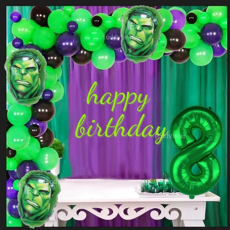 Kit Decoración Cumpleaños Hulk - Globos Aluminio Y Látex, Mantel, Pancarta, Fondo, Para Fiesta