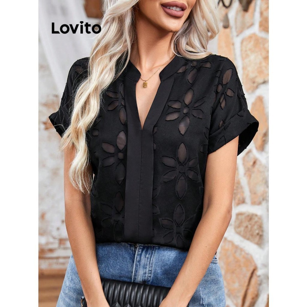 Lovito Blusa elegante de tejido jacquard liso para mujer LNL73240