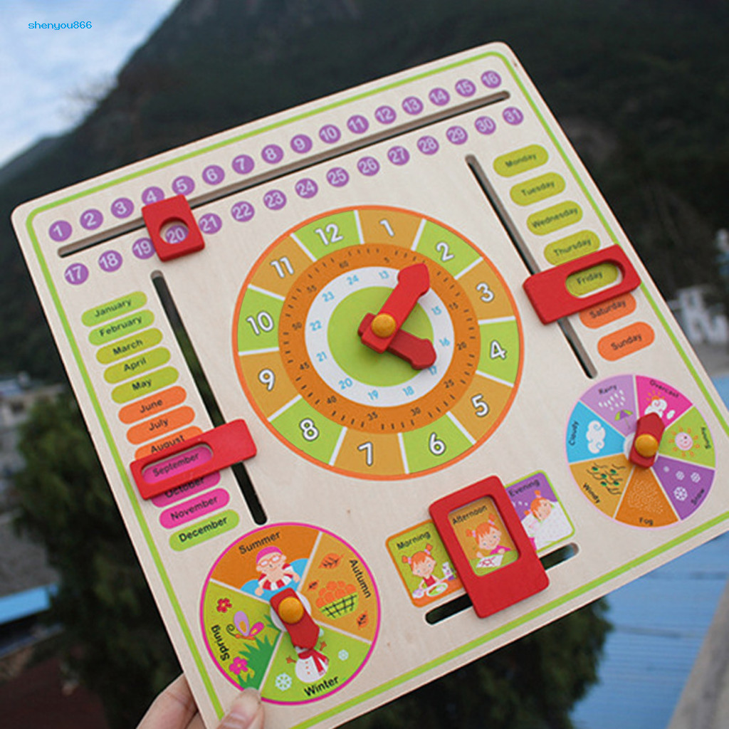 Kids Wooden Clock Weather Seasons Learning Toy for Learn Time Date ...