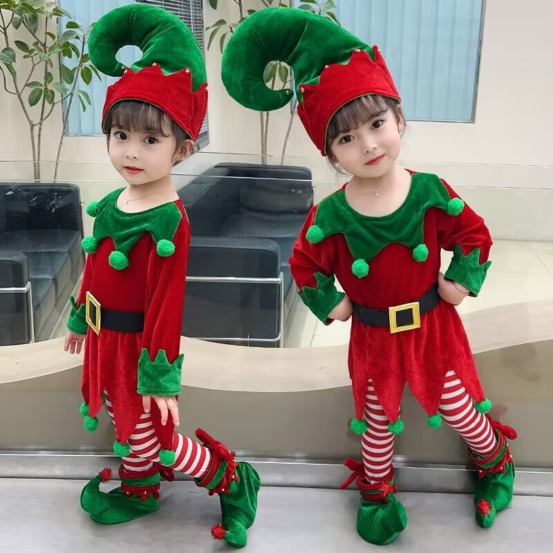 Disfraz De Elfo Navideño – Set Familiar De 4 Piezas: Vestido, Cinturón, Medias Y Gorro, Unisex Para Niños Y Adultos, Perfecto Para Fiestas Y Reuniones