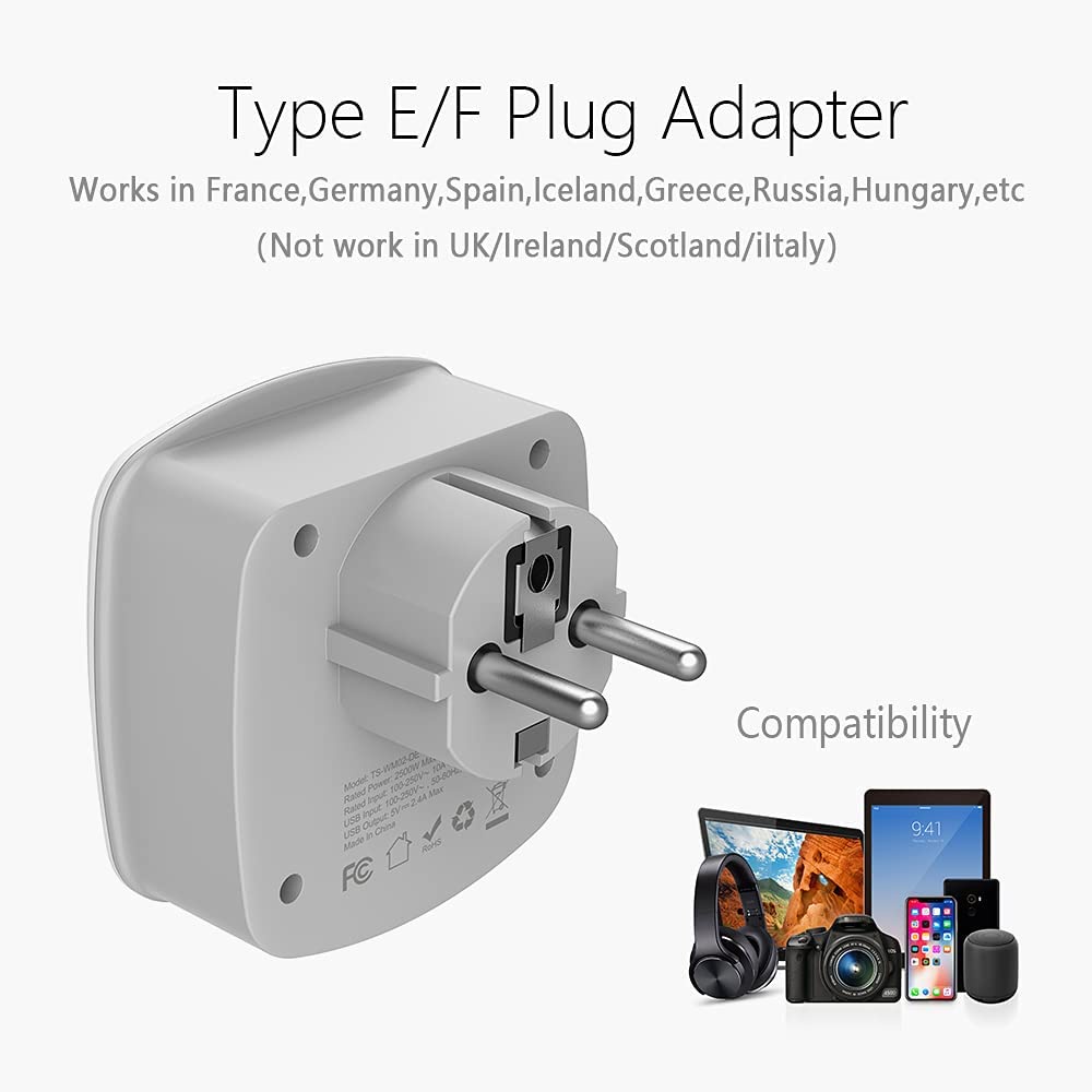  TESSAN Adaptador de enchufe tipo E, adaptador de corriente para  Alemania Francia, Schuko Outlet con 4 salidas de CA 3 puertos USB,  adaptador de viaje para EE. UU. a Europa UE