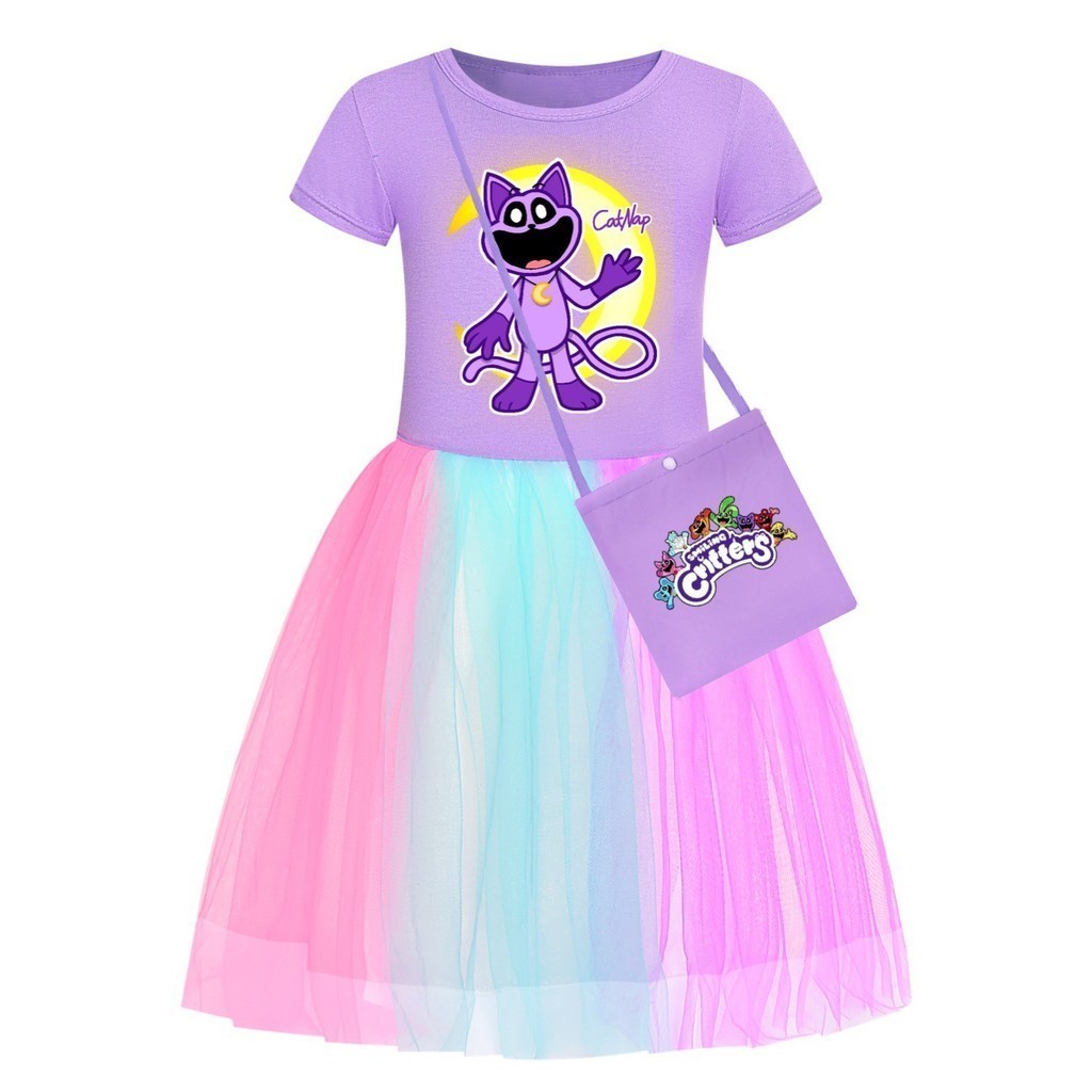 Cartoon Smile Critters Catnap Bebé Niña Vestidos Niños Púrpura Gato Ropa  Cosplay Disfraz Casual Arco Iris Vestido + Bolsa | Shopee Colombia