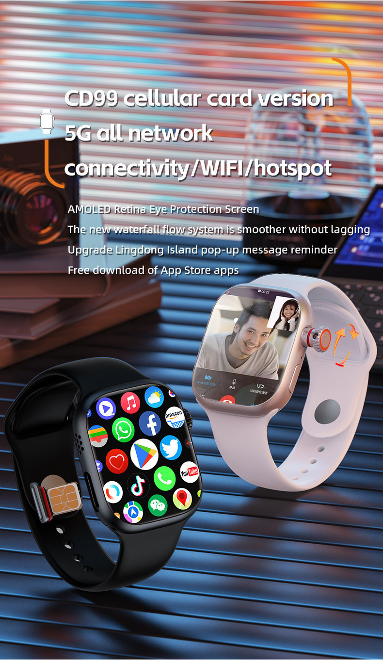 【 4G Sim 】 CD99 Reloj Inteligente Con Tarjeta Cámara WIFI 4G Android  Smartwatch Pantalla AMOLED Soporte APP Descarga GPS Videollamada Serie S9  UX5B