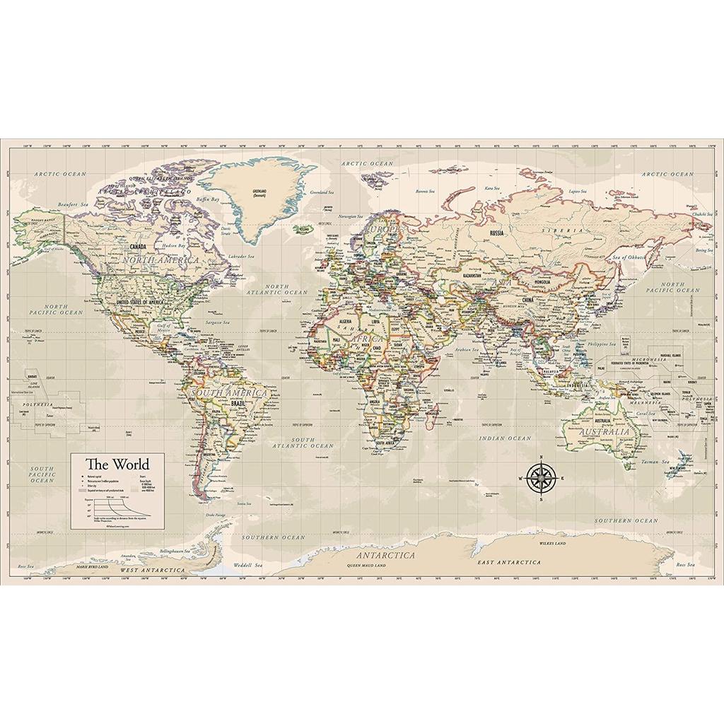 Antique Style Laminated World Map Wall Chart Map of The World Made In ...